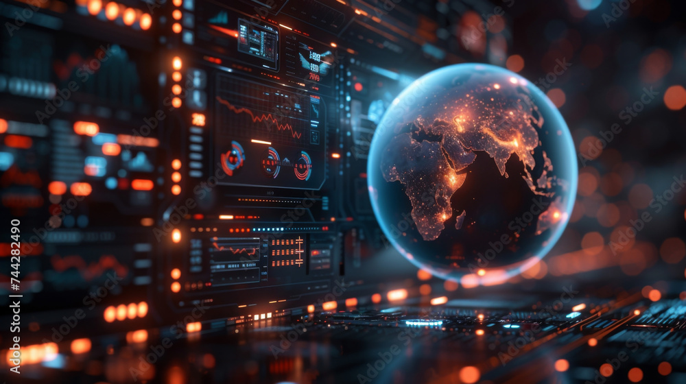 Poster a large floating globe with a holographic projection of investment opportunities around the world. t