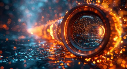 A glowing lens captures the warmth and vibrancy of amber lights, casting a mesmerizing reflection