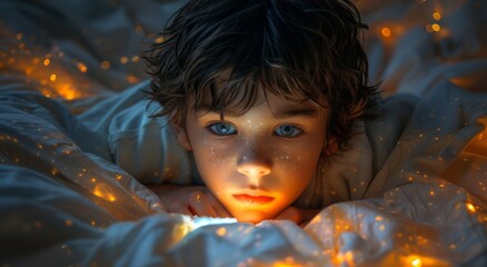 A mesmerizing portrait of innocence as a young child lies on a bed surrounded by ethereal lights, their face glowing with wonder and curiosity - obrazy, fototapety, plakaty