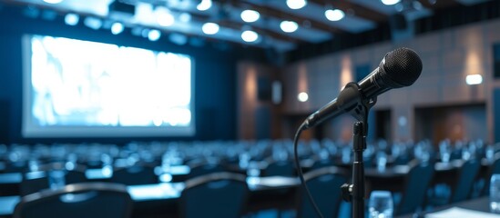 Professional microphone in front of a large screen in a modern conference room setting - obrazy, fototapety, plakaty