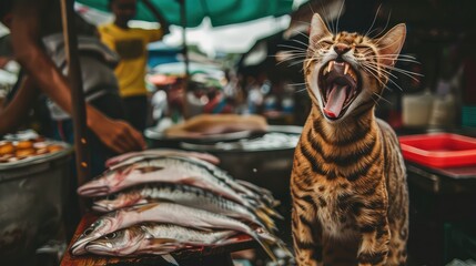 Fototapeta na wymiar The cat at the market eats fish. A gang of cats trades at the fish market