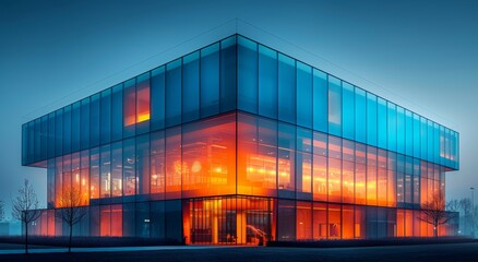 Fototapeta premium The sleek glass walls of the towering building reflected the night sky, creating a mesmerizing display of modern architecture and vibrant lights that illuminated the outdoor surroundings