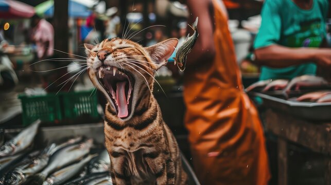 The cat at the market eats fish. A gang of cats trades at the fish market