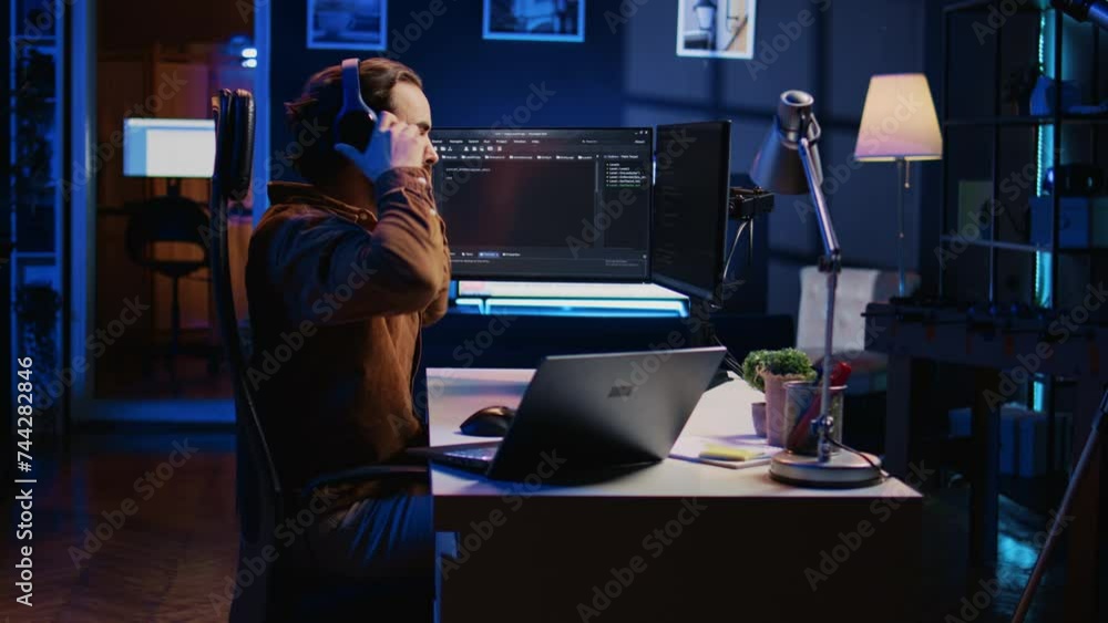 Poster software programmer taking break from coding, putting headphones on and stretching on desk chair dur