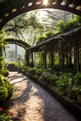 Fototapeta na wymiar Sun-Kissed Garden View: A Serene Stroll through Blooming Nature