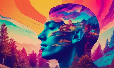 abstract double exposure portrait blended with architecture, tv background, light head, mind concept