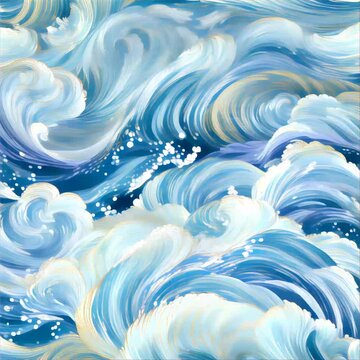 Beautiful artistic illustration looping animation of rolling ocean waves with gold highlights and white splashing sea foam with bubbles and rippling curves