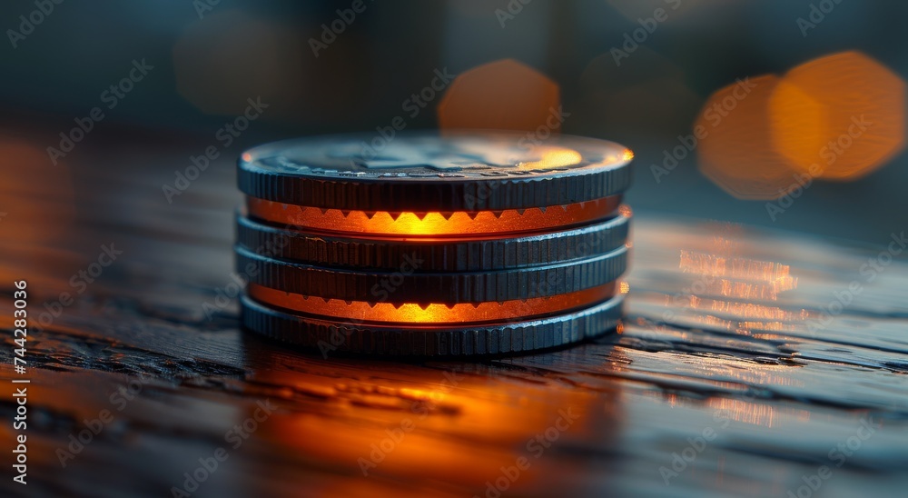 Poster a mesmerizing amber glow emanates from within a towering stack of coins, illuminating the indoor sur