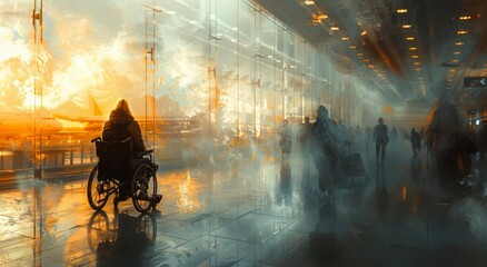 A lone figure in a wheelchair navigates through the bustling city streets, their reflection distorted in the foggy window beside them