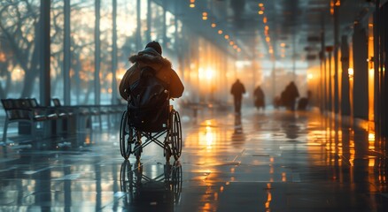 A wheelchair-bound person contemplates the reflection of a city sunset in the water of an outdoor hallway, basking in the warm light of a street sunrise