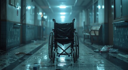 A solitary wheelchair sits abandoned in a desolate hallway, its wheels firmly grounded as a symbol of confinement and isolation - obrazy, fototapety, plakaty