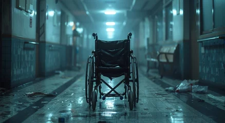 Fotobehang A solitary wheelchair sits abandoned in a desolate hallway, its wheels firmly grounded as a symbol of confinement and isolation © Larisa AI
