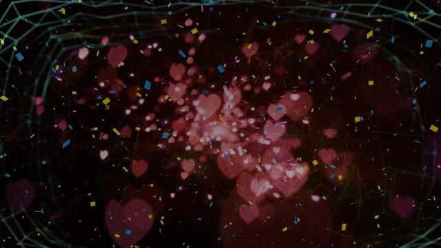 Animation of confetti and hearts on black background