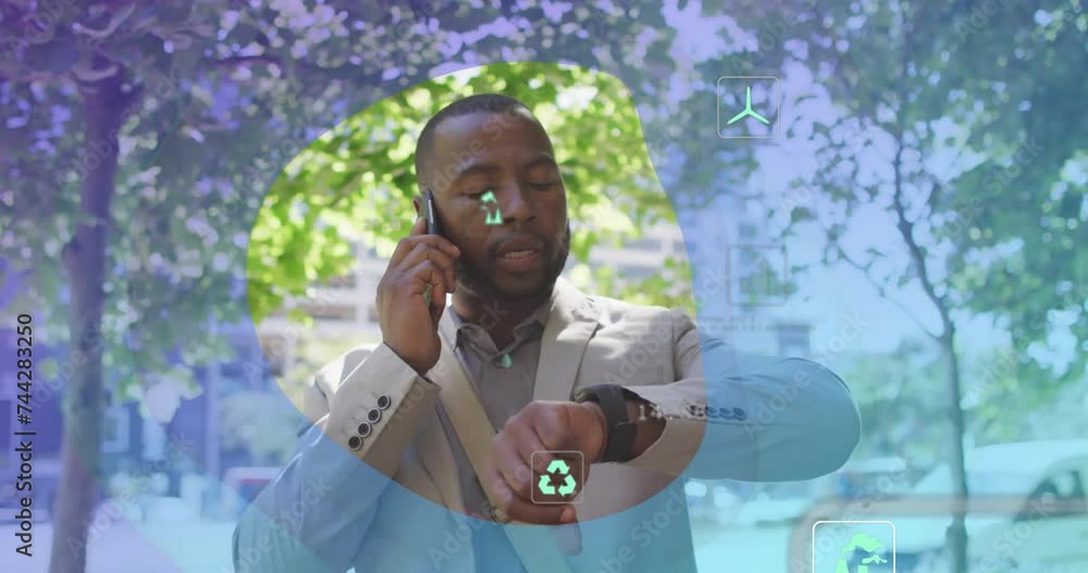 Poster animation of eco icons and data processing over afrcian american man using smartphone