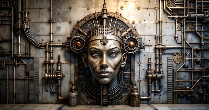 an old concrete wall with a human face, steampunk style, fantasy
