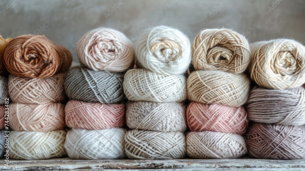 Poster a spectrum of knitting yarn skeins placed in a row, showcasing a range of colors and textures side b