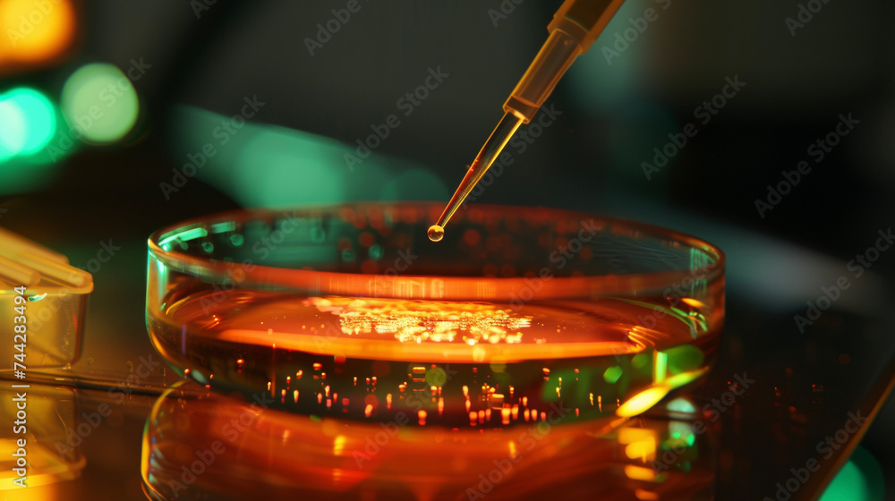 Poster a macro view of a sample tissue being genetically modified in a petri dish signaling the potential f