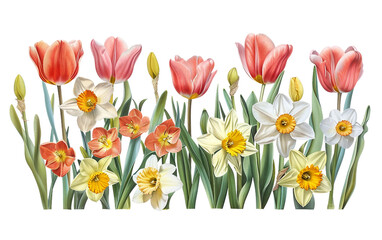 Colorful Tulips and Daffodils Celebrating Easter Isolated on Transparent Background.