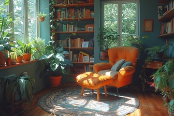 A cozy den filled with natural light and plants, featuring a stylish bookcase and inviting armchair for the perfect reading nook - obrazy, fototapety, plakaty