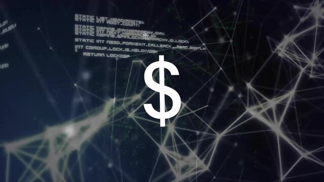 Animation of dollar sign and digital data processing over connections