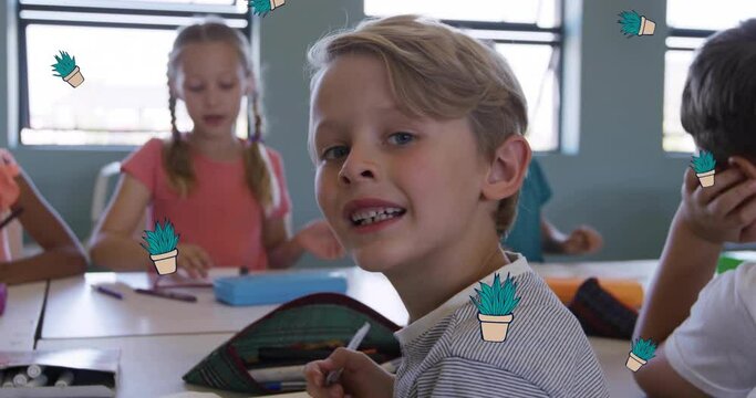 Animation of eco icons over diverse schoolchildren at school