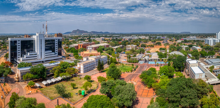 gaborone aerial view, government enclave and the bus rank with the department of immigration and the house of the parliament