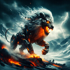 Futuristic sci-fi portrait of bio-mechanic lion roaring, background is snow mountains and lava, explosion, smoke and fire, black clouds, thunderbolt and lightning, cool wall art and wallpaper - obrazy, fototapety, plakaty