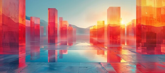Amidst a vibrant cityscape of red and yellow glass towers, the sky becomes a canvas of colorful reflection, creating an abstract art piece that mesmerizes and invites us to embrace the light and beau - obrazy, fototapety, plakaty