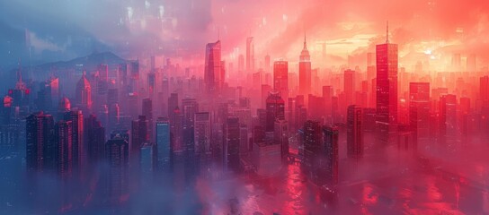 The towering skyscrapers of a foggy city create an urban landscape filled with a sense of both awe and claustrophobia - obrazy, fototapety, plakaty