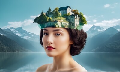 abstract double exposure portrait blended with architecture, tv background, light head, mind concept