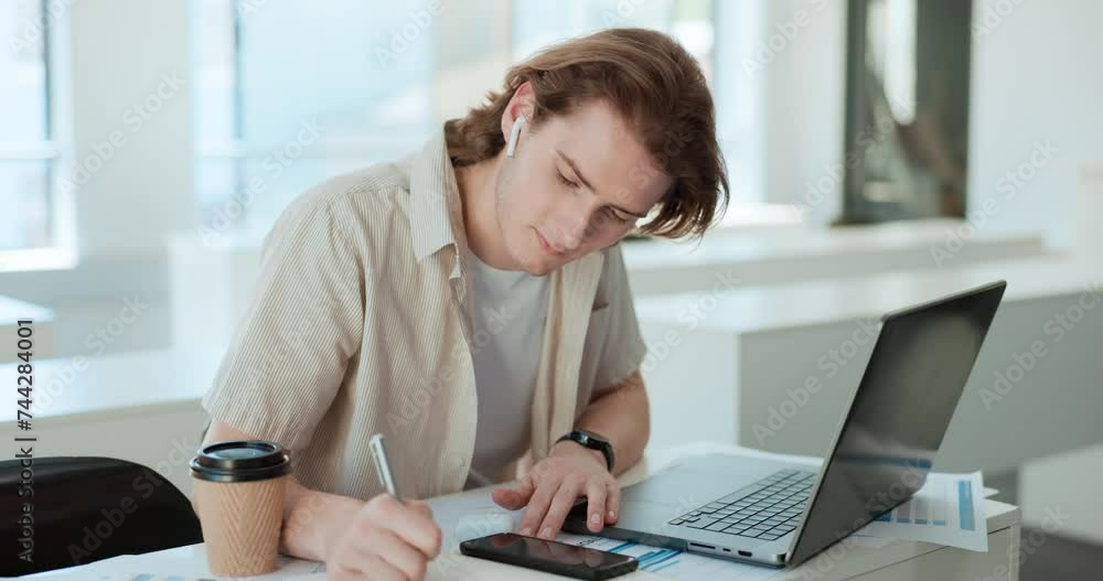 Poster Typing, student and man with laptop, education and knowledge with project and university. Person, college and guy with computer and learning with internet, studying and email with research and tech