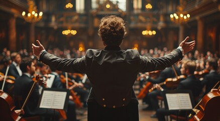 A violinist stands before an orchestra, their arms outstretched in anticipation as they prepare to...