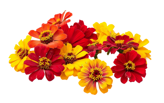 Red and Yellow Zinnias in Burst Isolated on Transparent Background.