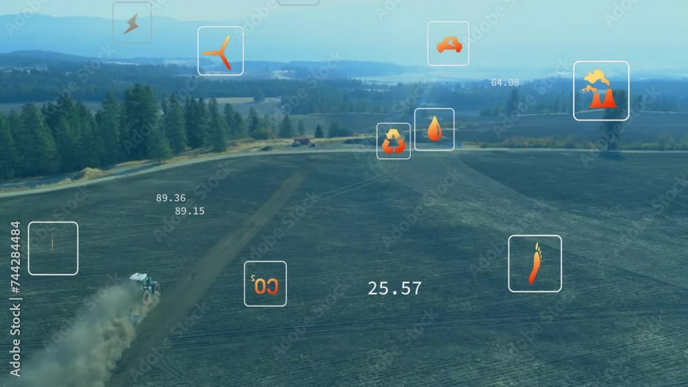 Poster animation of digital icons and data processing over landscape