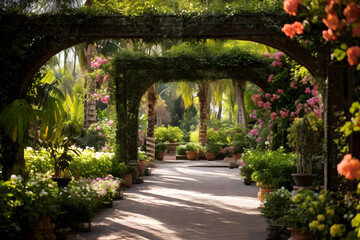 Fototapeta na wymiar Sun-Kissed Garden View: A Serene Stroll through Blooming Nature