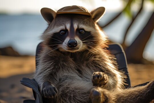 Adorable raccoon wearing a stylish hat and chilling on a wooden chair, looking as if its enjoying a relaxing day at the beach during a mesmerizing sunset, creating a whimsical and amusing scene.
