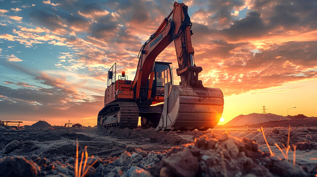 Excavator on construction site at sunset representing industry, development, technology, and progress.