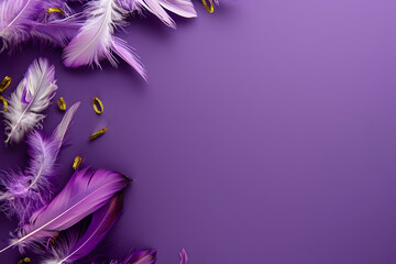 Fototapeta na wymiar Feathers on a purple background, suitable for design with copy space, Mardi Gras celebration.