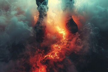 Their feet were engulfed in a swirling haze of volcanic smoke, a reminder of the fiery force of nature and the destructive pollution it leaves in its wake on the mountain - obrazy, fototapety, plakaty