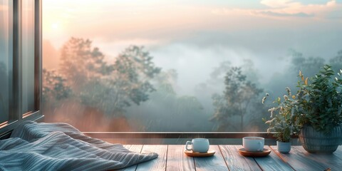 Serene balcony retreat with comforting blankets and steaming tea amidst morning fog - obrazy, fototapety, plakaty