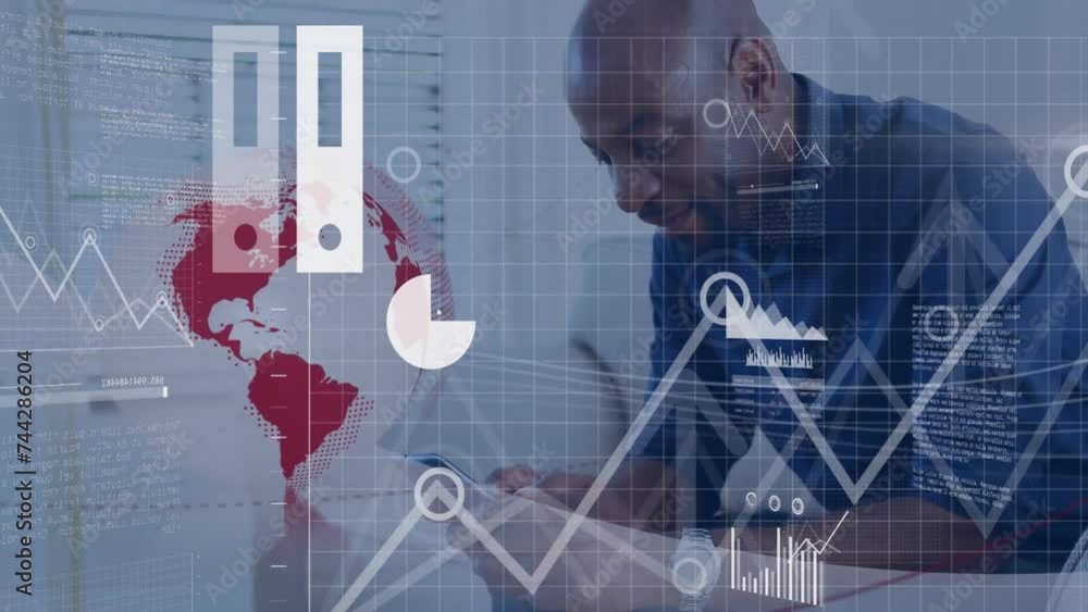 Poster animation of data processing and diagrams over globe and african american man using smartphone