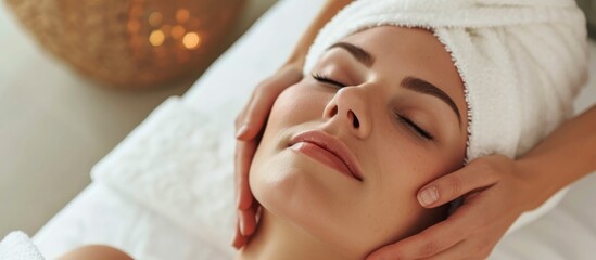 Obraz na płótnie Canvas Relaxing facial massage for beautiful woman at luxury spa salon