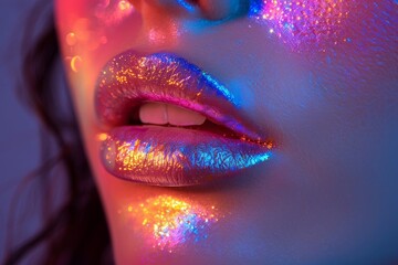 A bold and vibrant closeup of a woman's lips, adorned with glitter and accentuated by magenta...