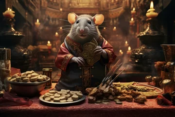 Fotobehang Traditional Chinese new year rat. Oriental mouse figurine in culture Asian clothes. Generate ai © juliars