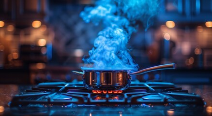 A simmering pot on a dimly lit stove emits wisps of steam, casting a warm glow in the quiet indoor kitchen