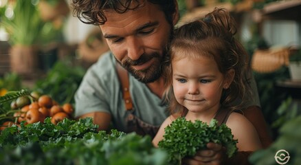 A young girl and her father share a smile while holding a bounty of fresh, local produce, including vibrant lettuce and nutritious broccoli, in an idyllic outdoor setting - obrazy, fototapety, plakaty