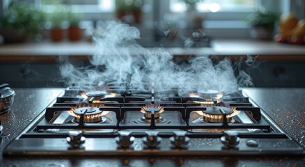 A home appliance with a fiery glow, spouting steam from its depths as it cooks up a delicious meal in the comfort of a cozy kitchen - obrazy, fototapety, plakaty