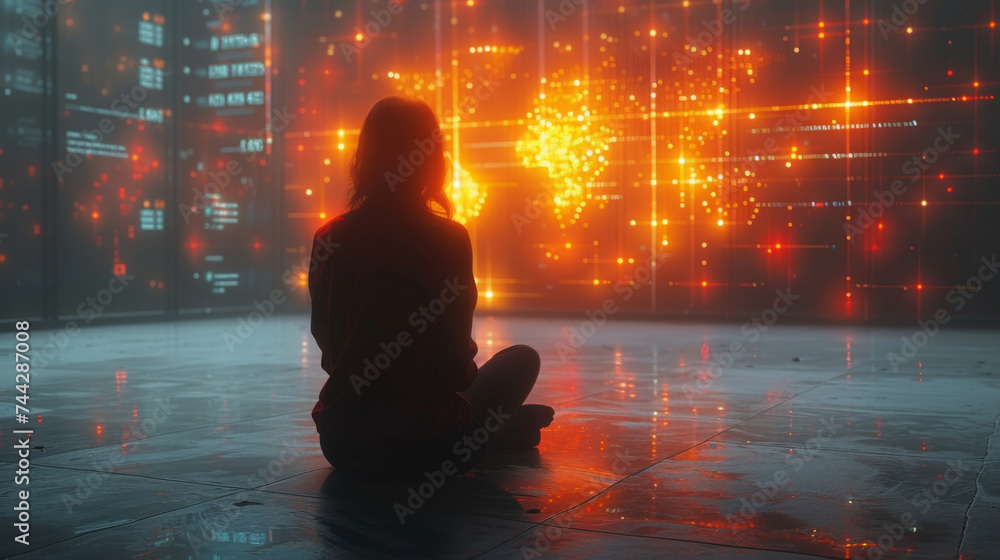 Poster a person sitting in front of an interactive wall with various financial holograms floating around th