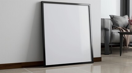 Blank vertical black poster frame standing on the floor against white wall in modern living room, empty picture frame mockup.
