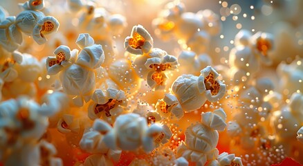 Golden kernels of popped corn fill a deep bowl, resembling a vibrant coral reef amidst a sea of salty satisfaction - obrazy, fototapety, plakaty